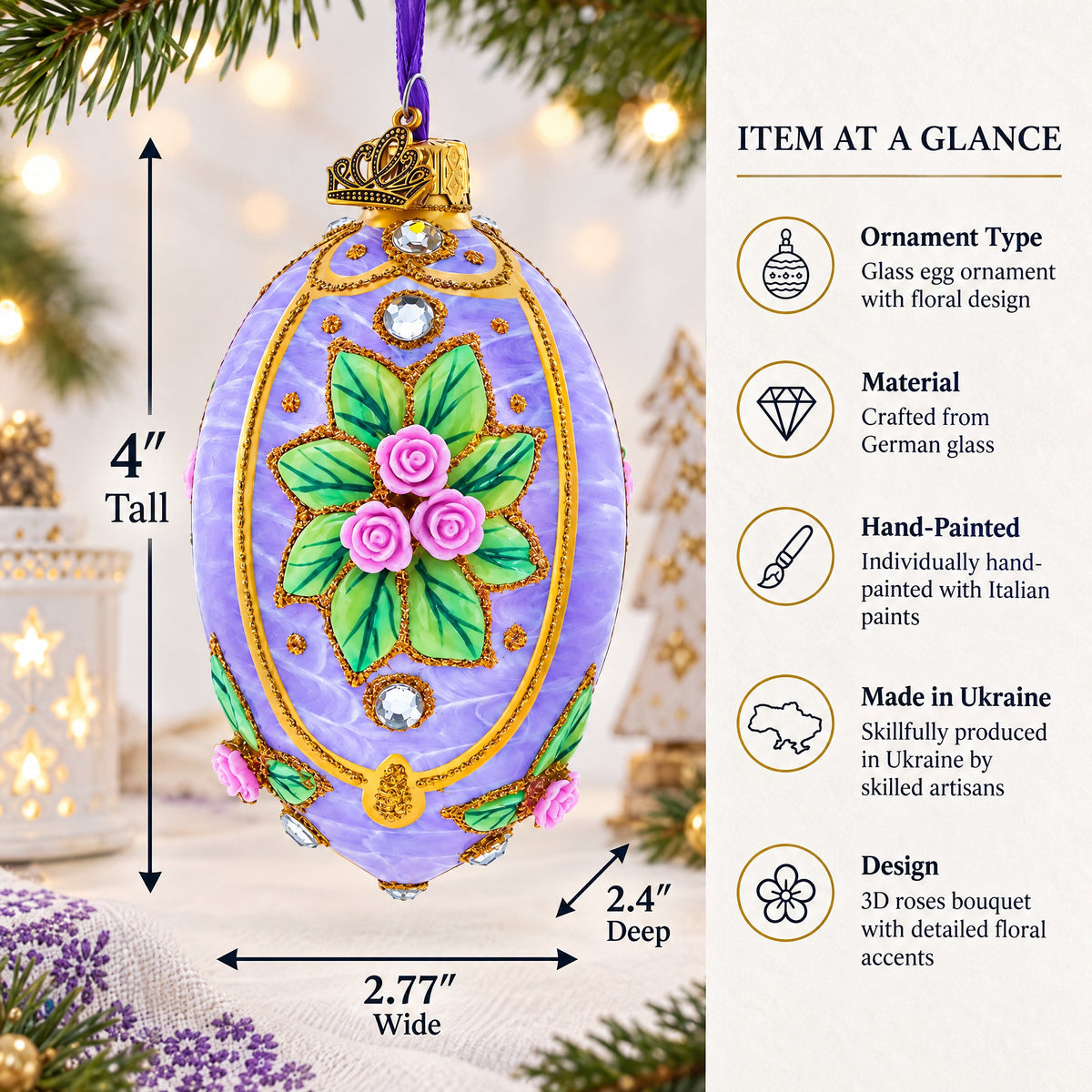 3D Roses Bouquet on Purple Glass Egg Ornament 4 Inches