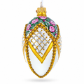 Roses on Bejeweled Rhombus Glass Egg Ornament 4 Inches
