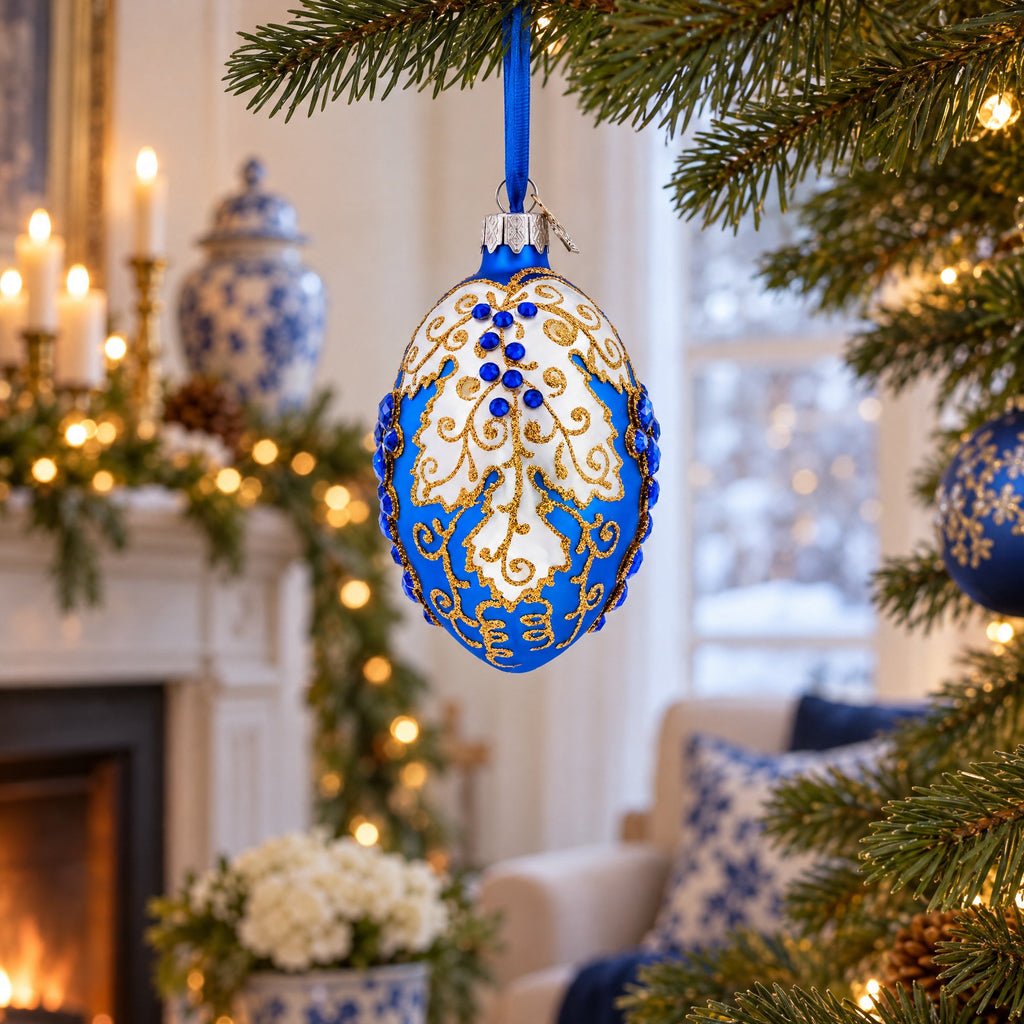 Blue Grapes on White Glass Egg Ornament 4 Inches