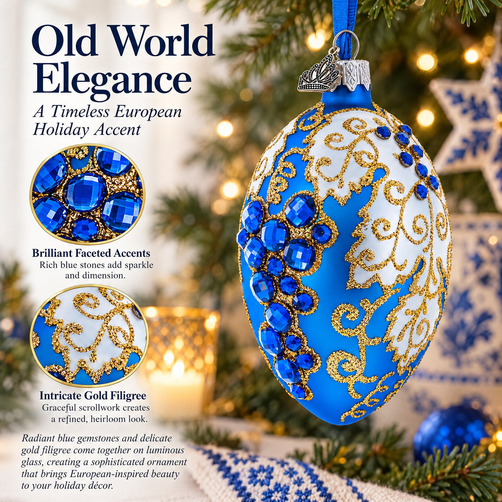 Blue Grapes on White Glass Egg Ornament 4 Inches