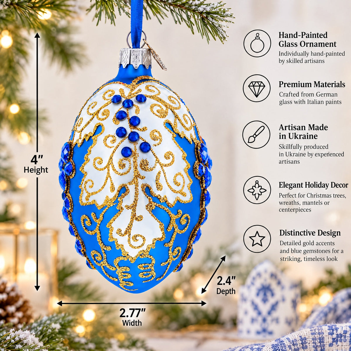 Blue Grapes on White Glass Egg Ornament 4 Inches