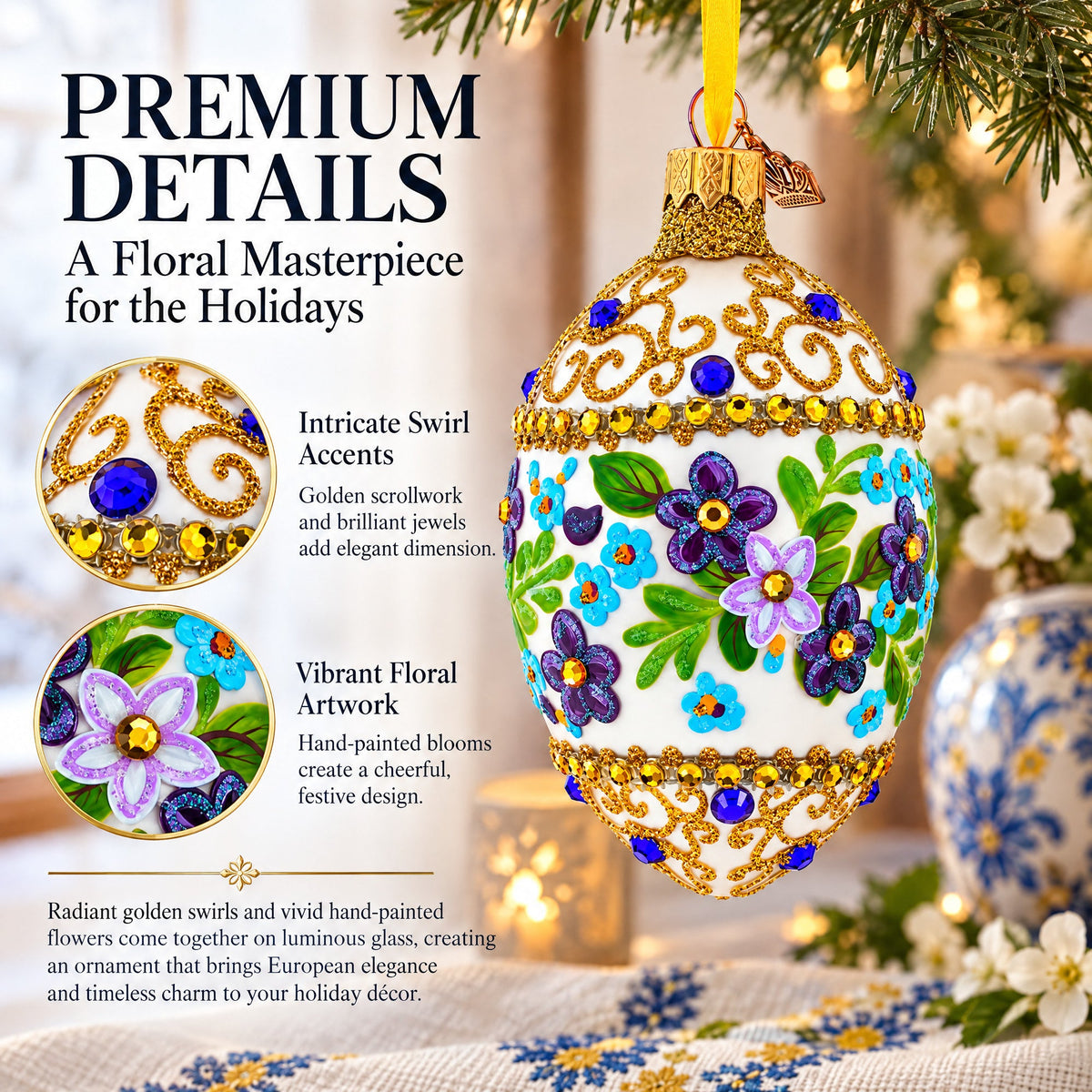 Flowers Swirl Glass Egg Ornament 4 Inches