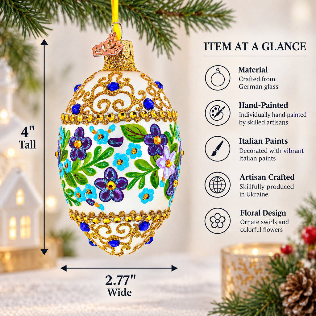 Flowers Swirl Glass Egg Ornament 4 Inches
