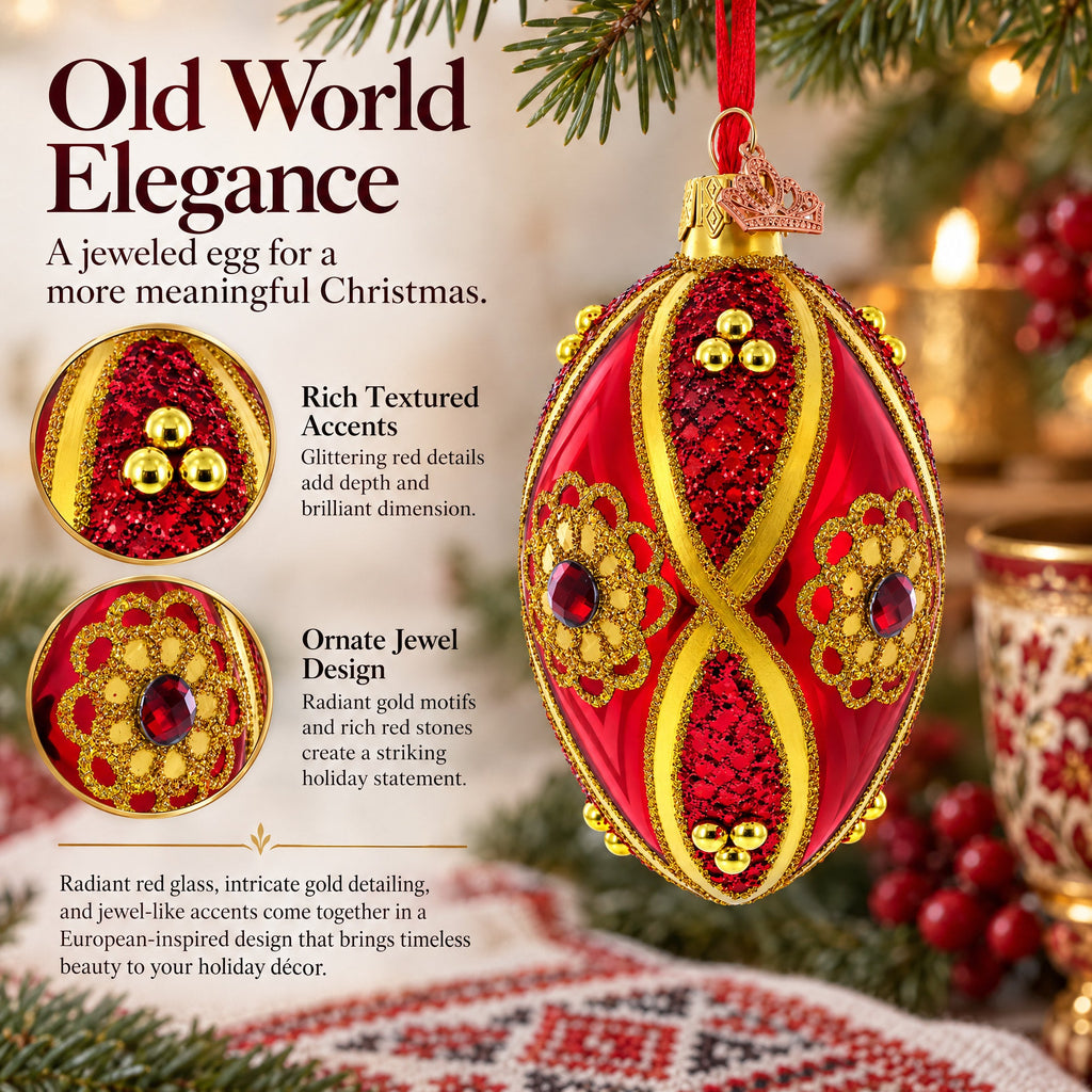 Red Jewel on Red Glass Egg Ornament 4 Inches