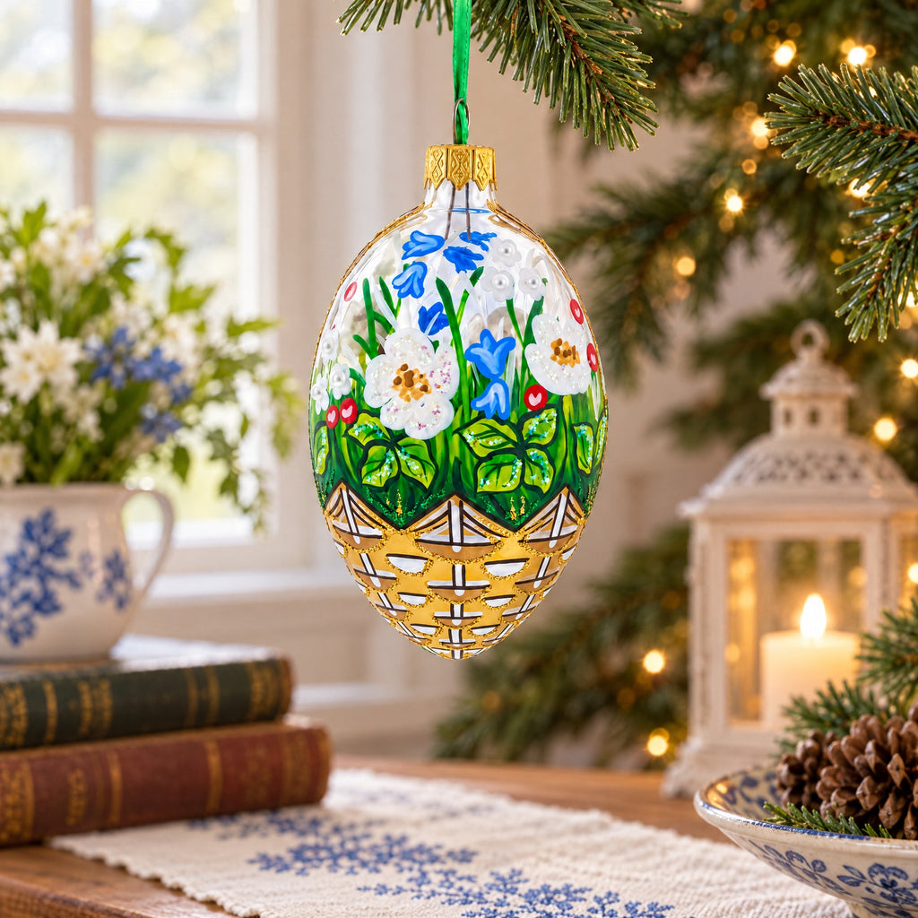 Summer Flowers Basket Glass Egg Ornament 4 Inches