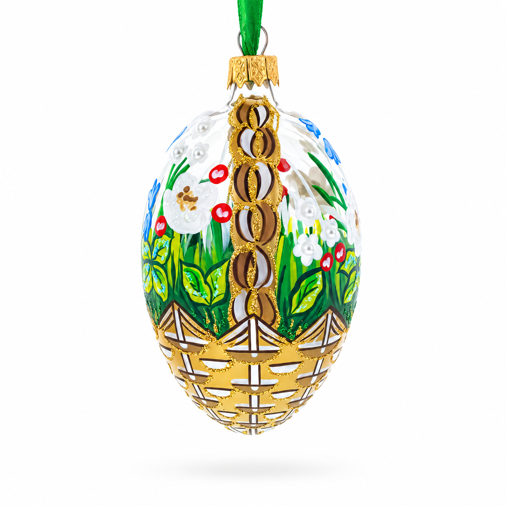 Summer Flowers Basket Glass Egg Ornament 4 Inches
