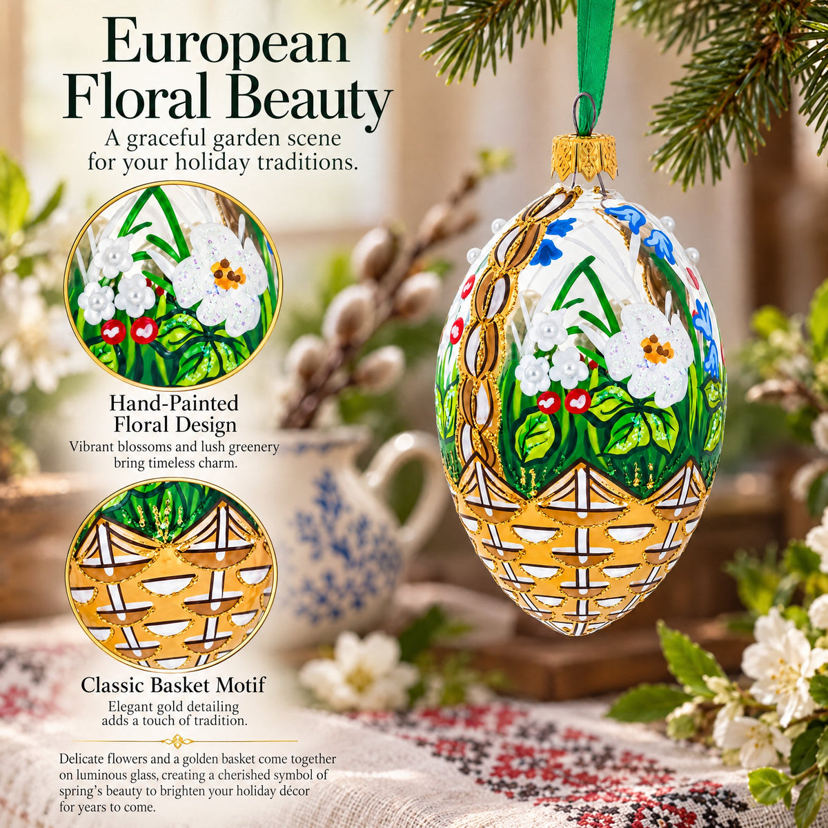 Summer Flowers Basket Glass Egg Ornament 4 Inches