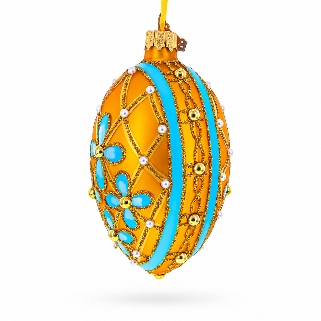 Blue Flowers on Gold Glass Egg Ornament 4 Inches