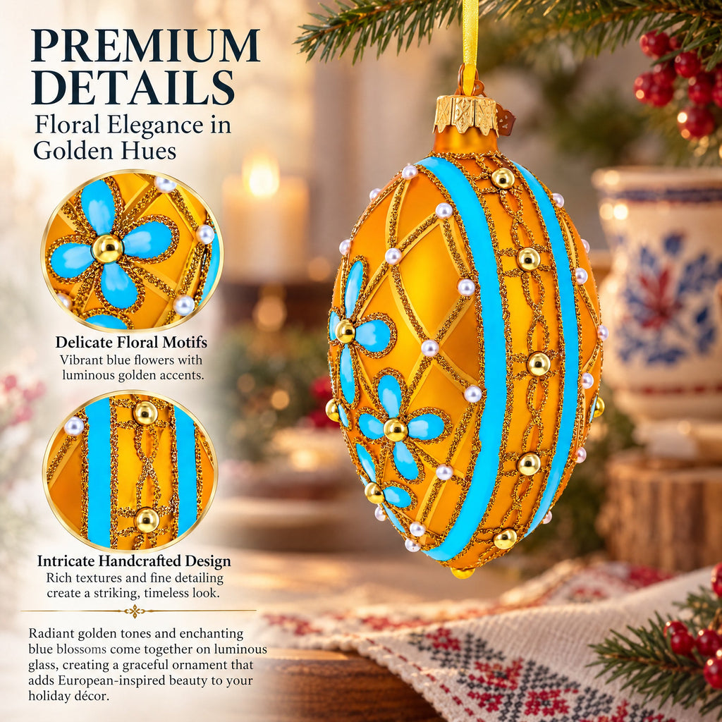 Blue Flowers on Gold Glass Egg Ornament 4 Inches