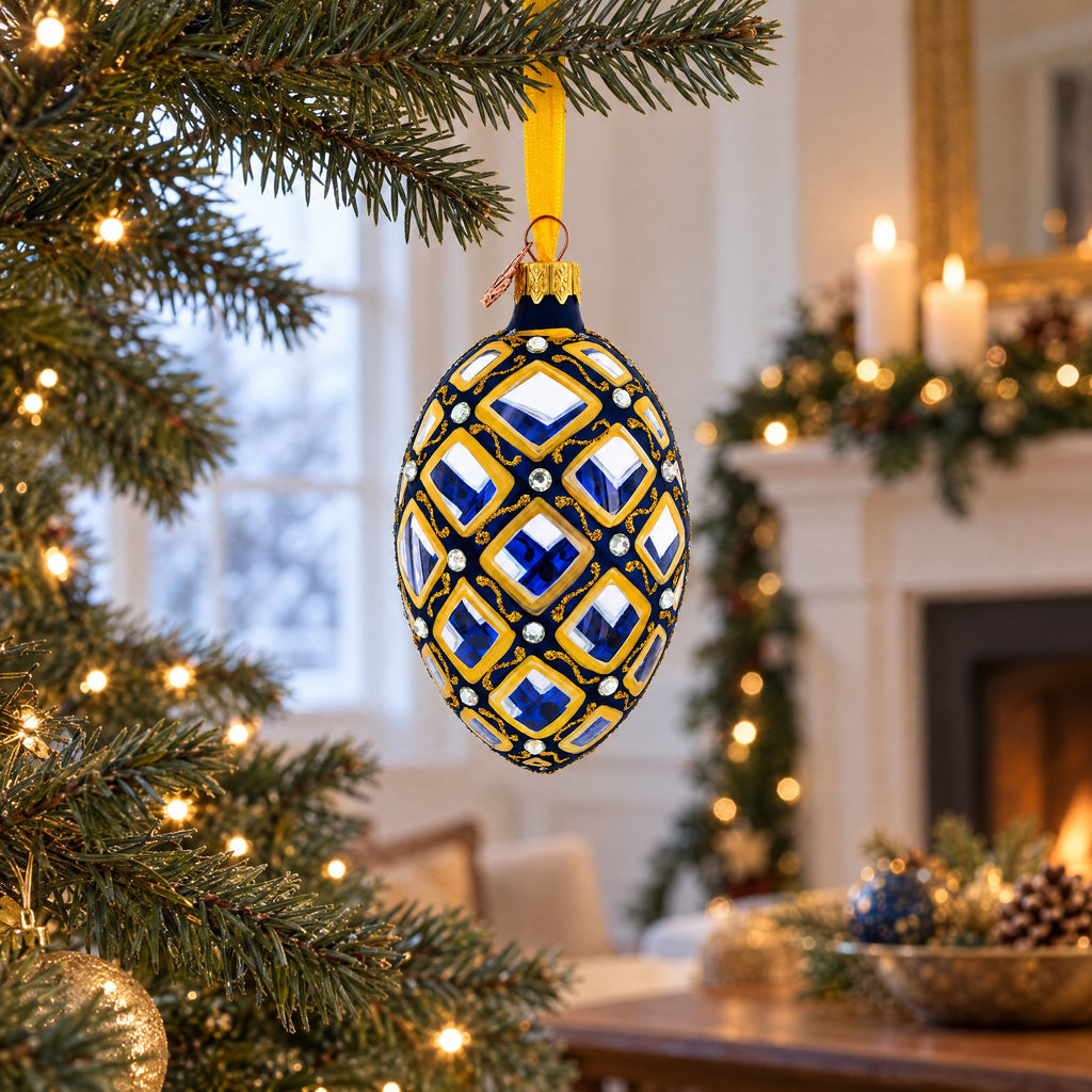 Mosaic Pattern on Blue Glass Egg Ornament 4 Inches