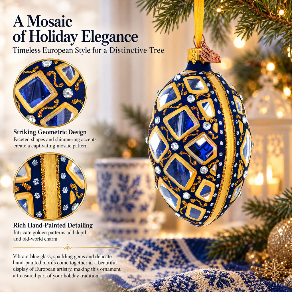 Mosaic Pattern on Blue Glass Egg Ornament 4 Inches