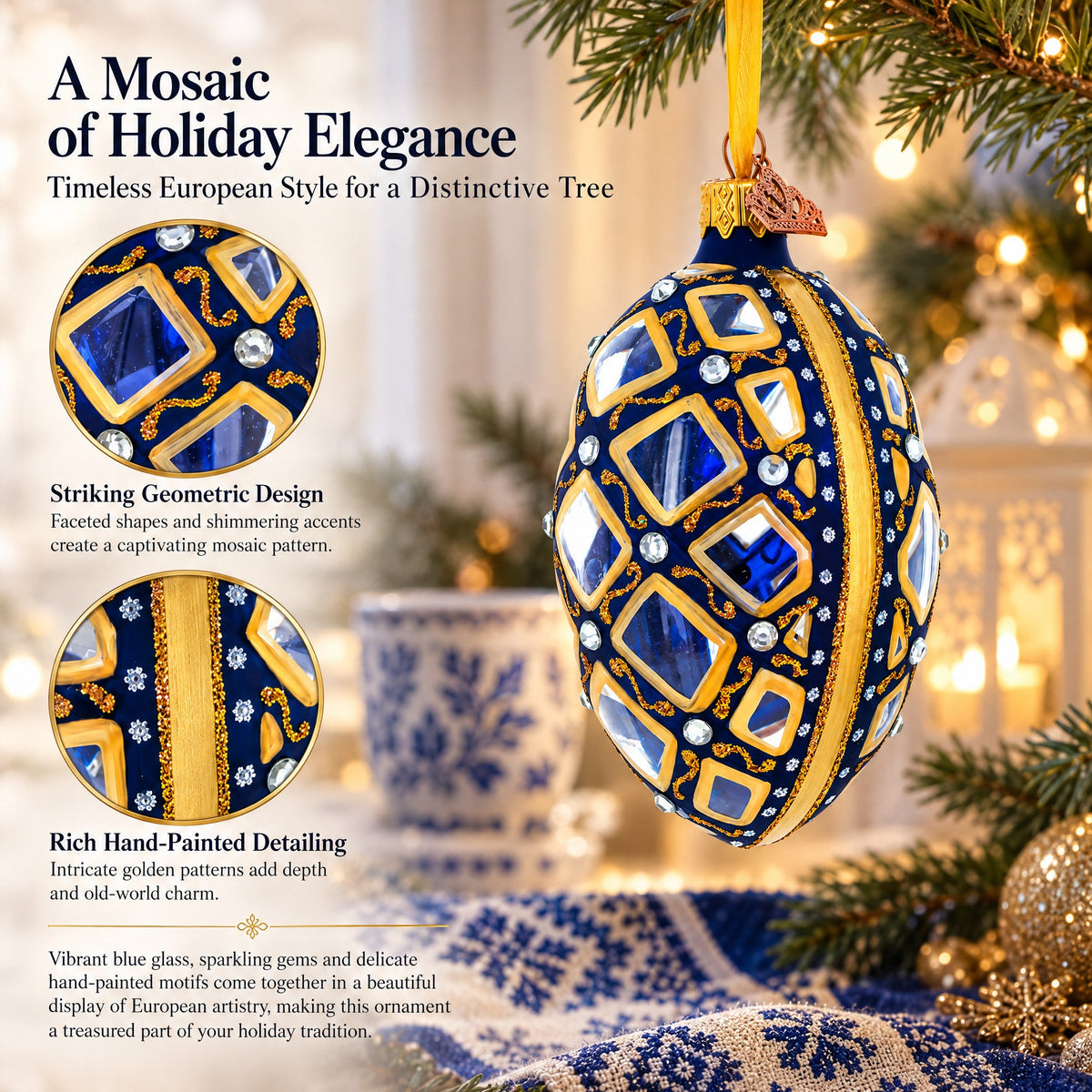 Mosaic Pattern on Blue Glass Egg Ornament 4 Inches