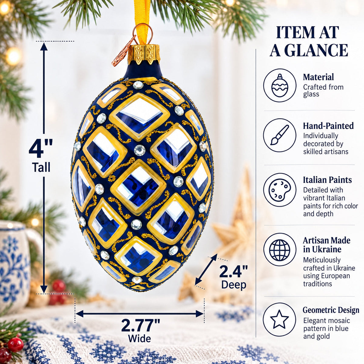 Mosaic Pattern on Blue Glass Egg Ornament 4 Inches