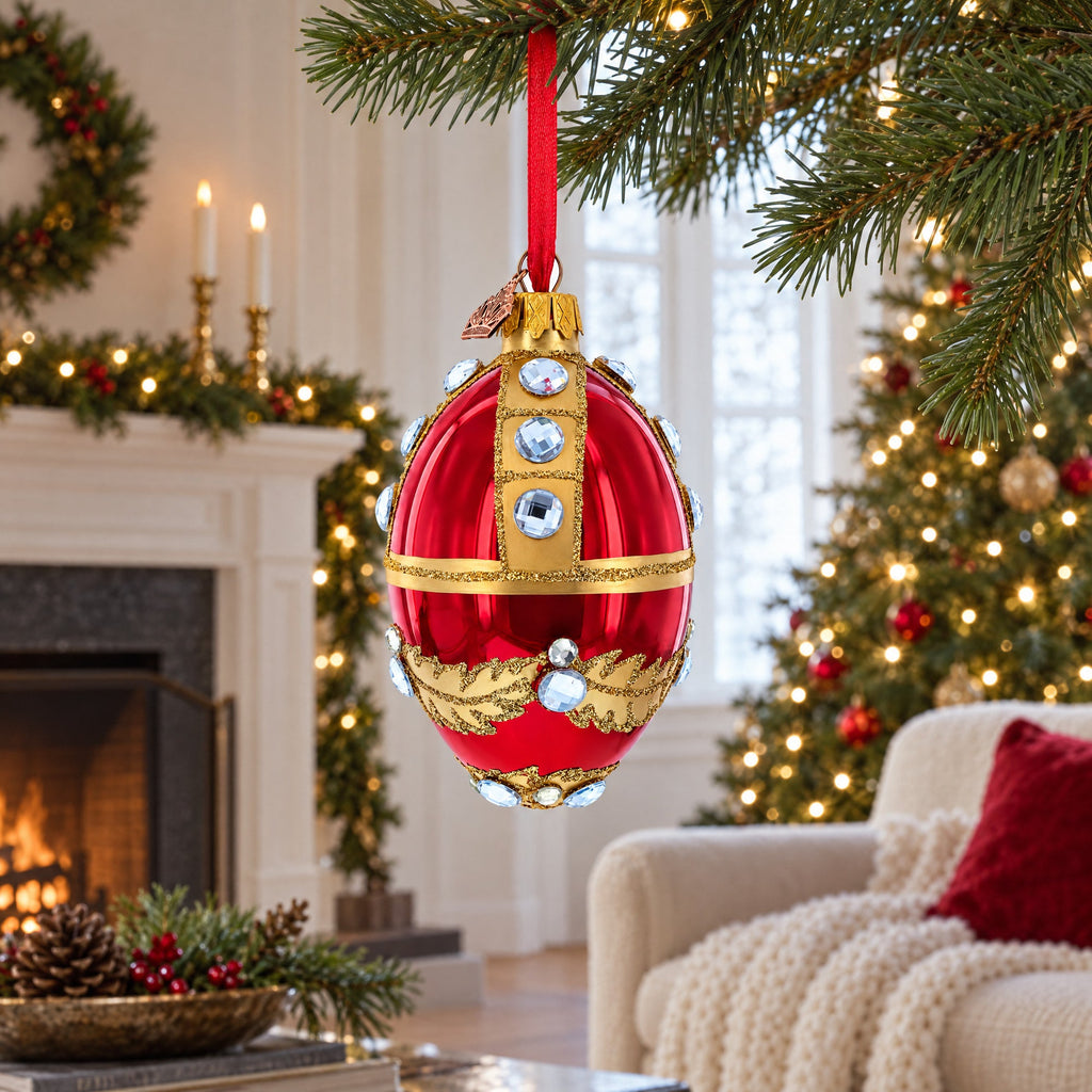 Diamonds on Red Glass Egg Ornament 4 Inches
