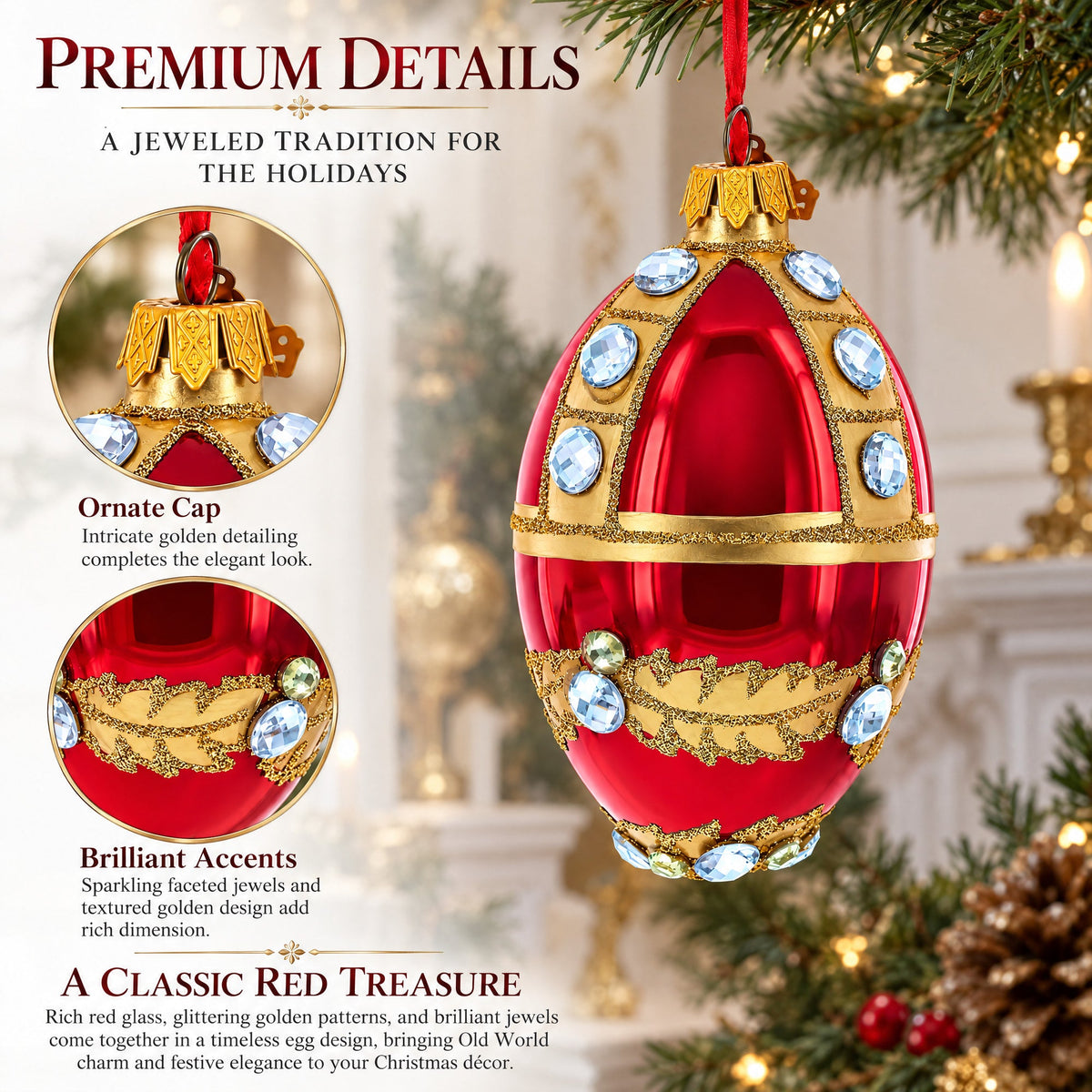 Diamonds on Red Glass Egg Ornament 4 Inches