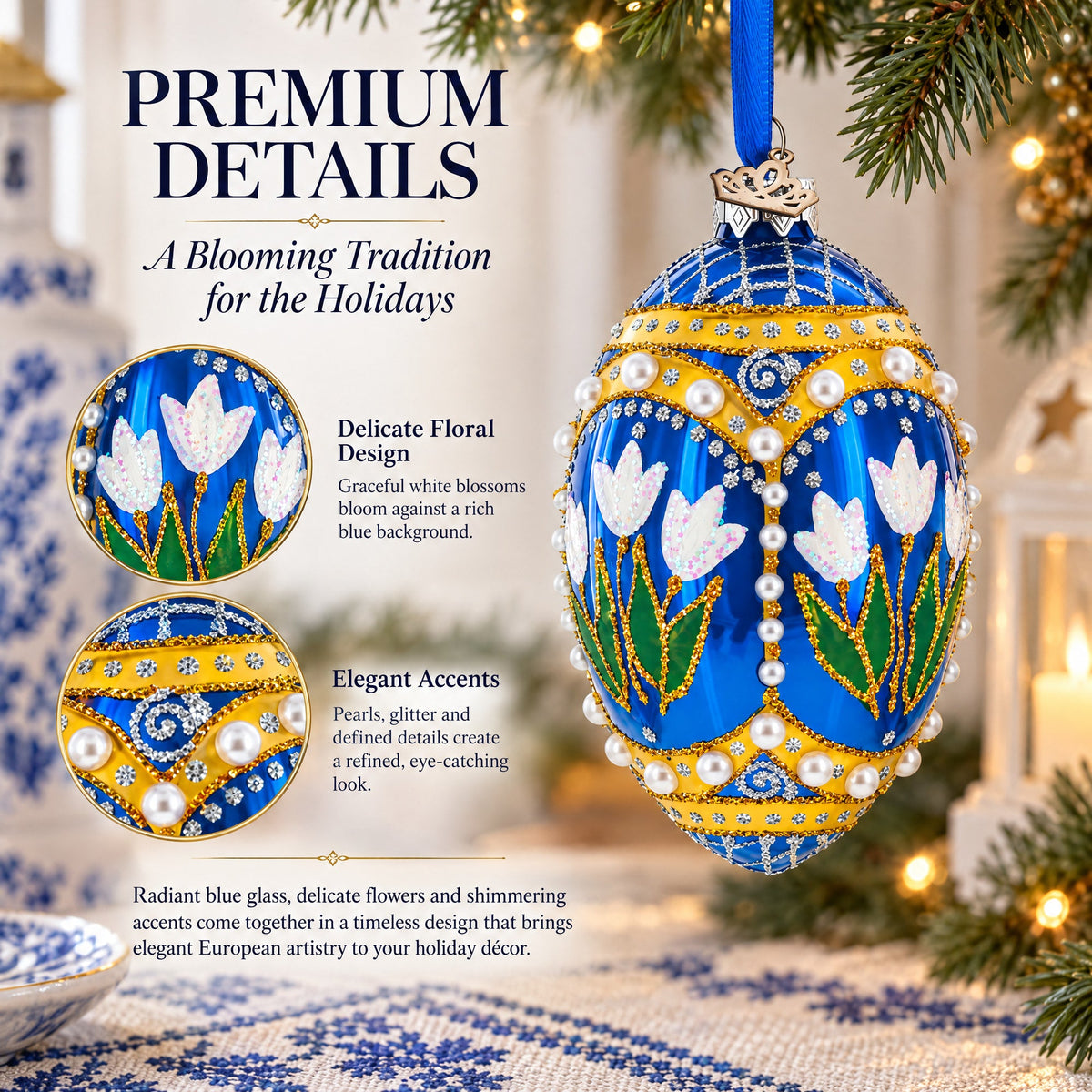 Blue Flowers with Pearls and Glitter Glass Egg Ornament 4 Inches