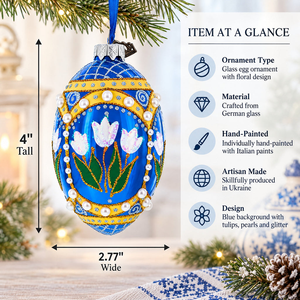 Blue Flowers with Pearls and Glitter Glass Egg Ornament 4 Inches