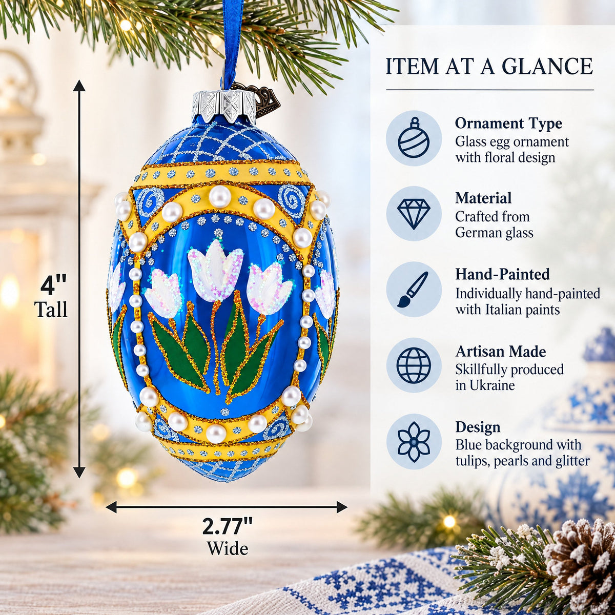 Blue Flowers with Pearls and Glitter Glass Egg Ornament 4 Inches