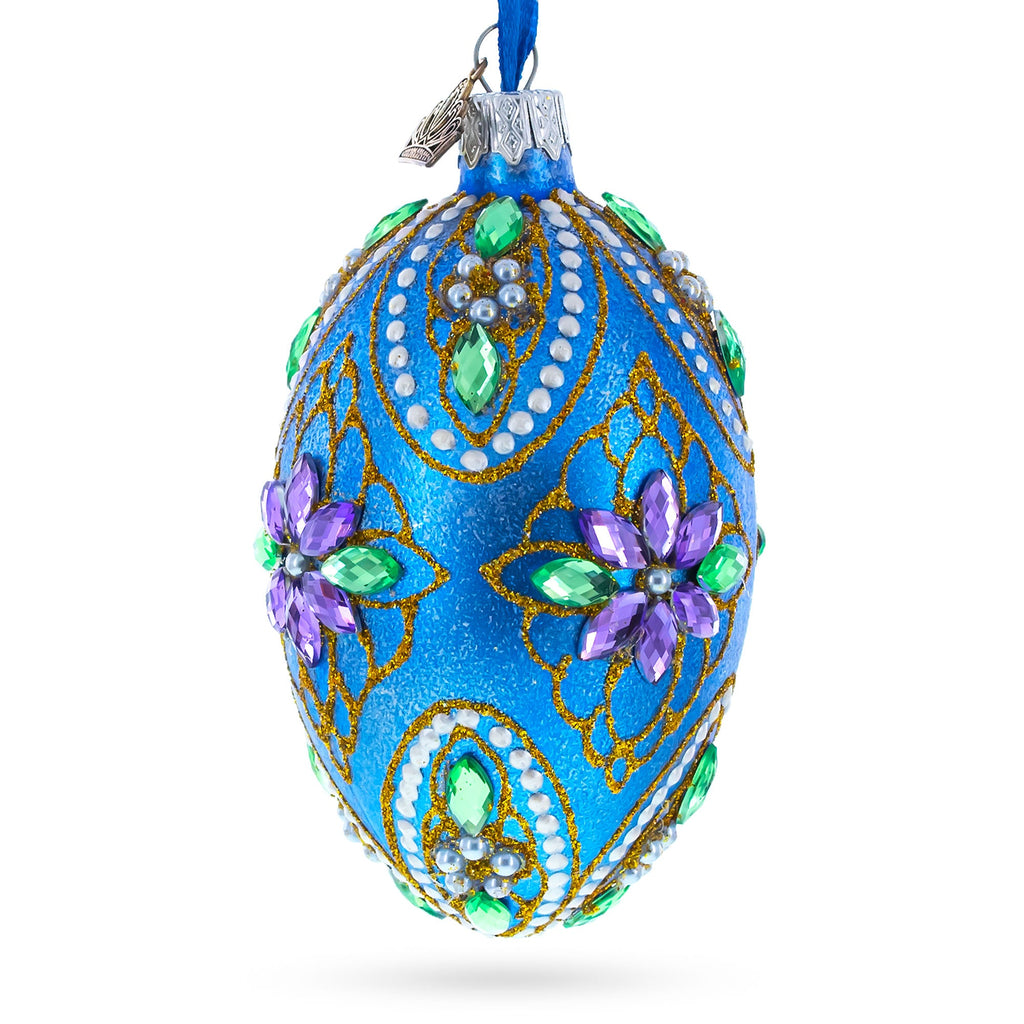 Jeweled Purple Flowers on Blue Glass Egg Ornament 4 Inches