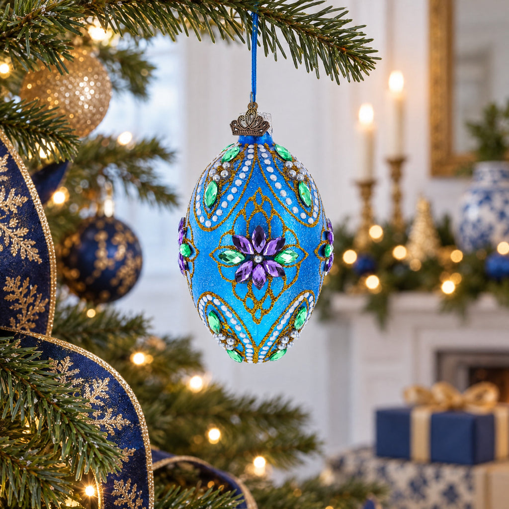 Jeweled Purple Flowers on Blue Glass Egg Ornament 4 Inches