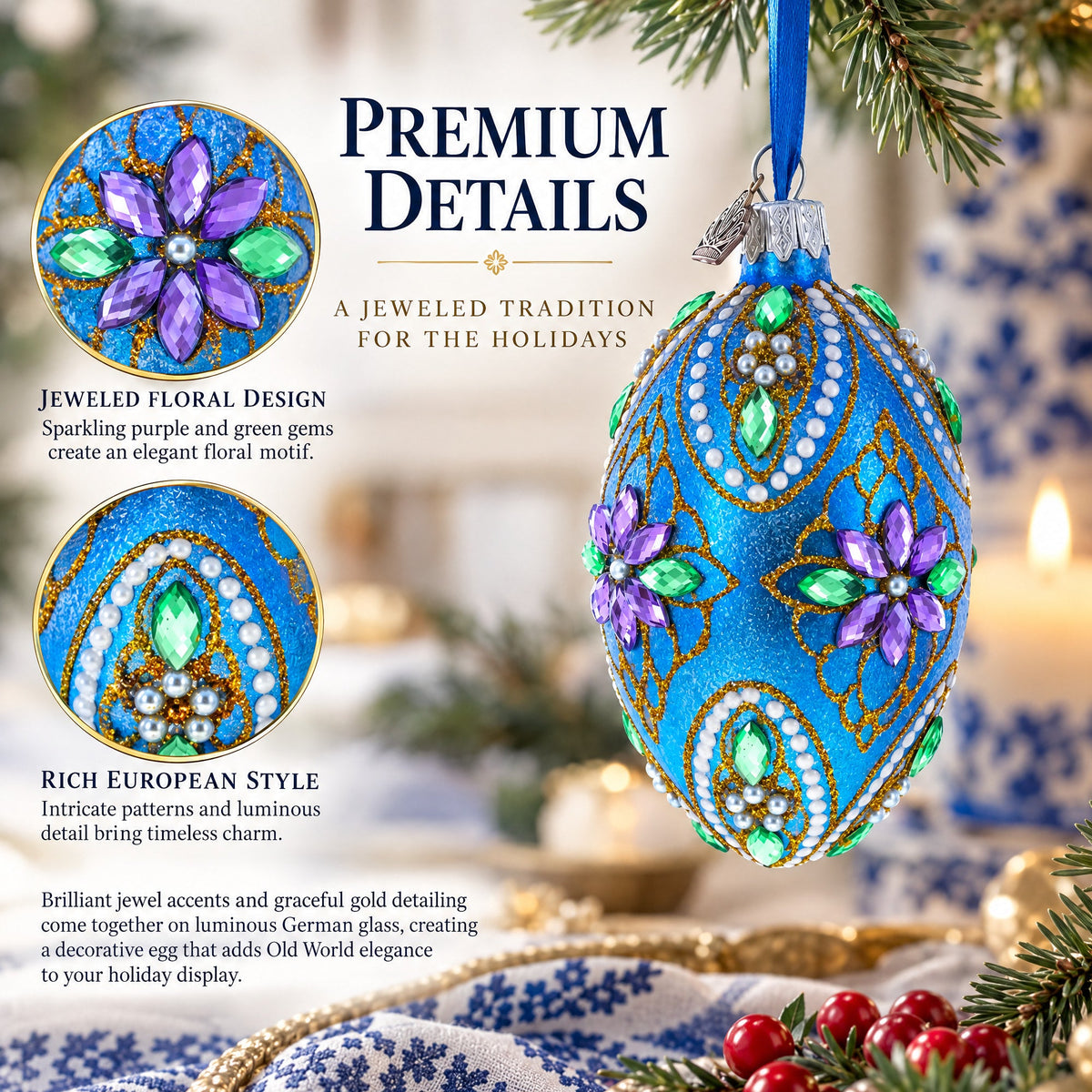 Jeweled Purple Flowers on Blue Glass Egg Ornament 4 Inches