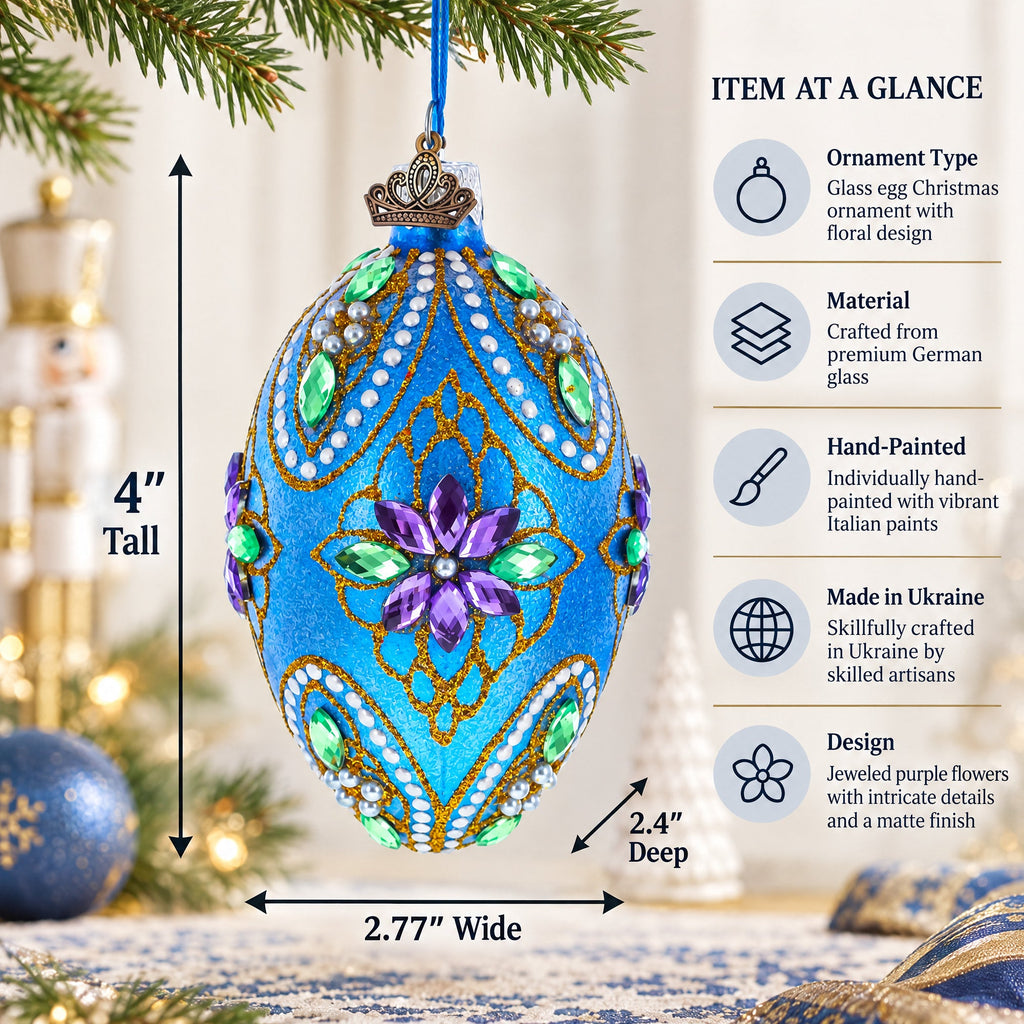 Jeweled Purple Flowers on Blue Glass Egg Ornament 4 Inches