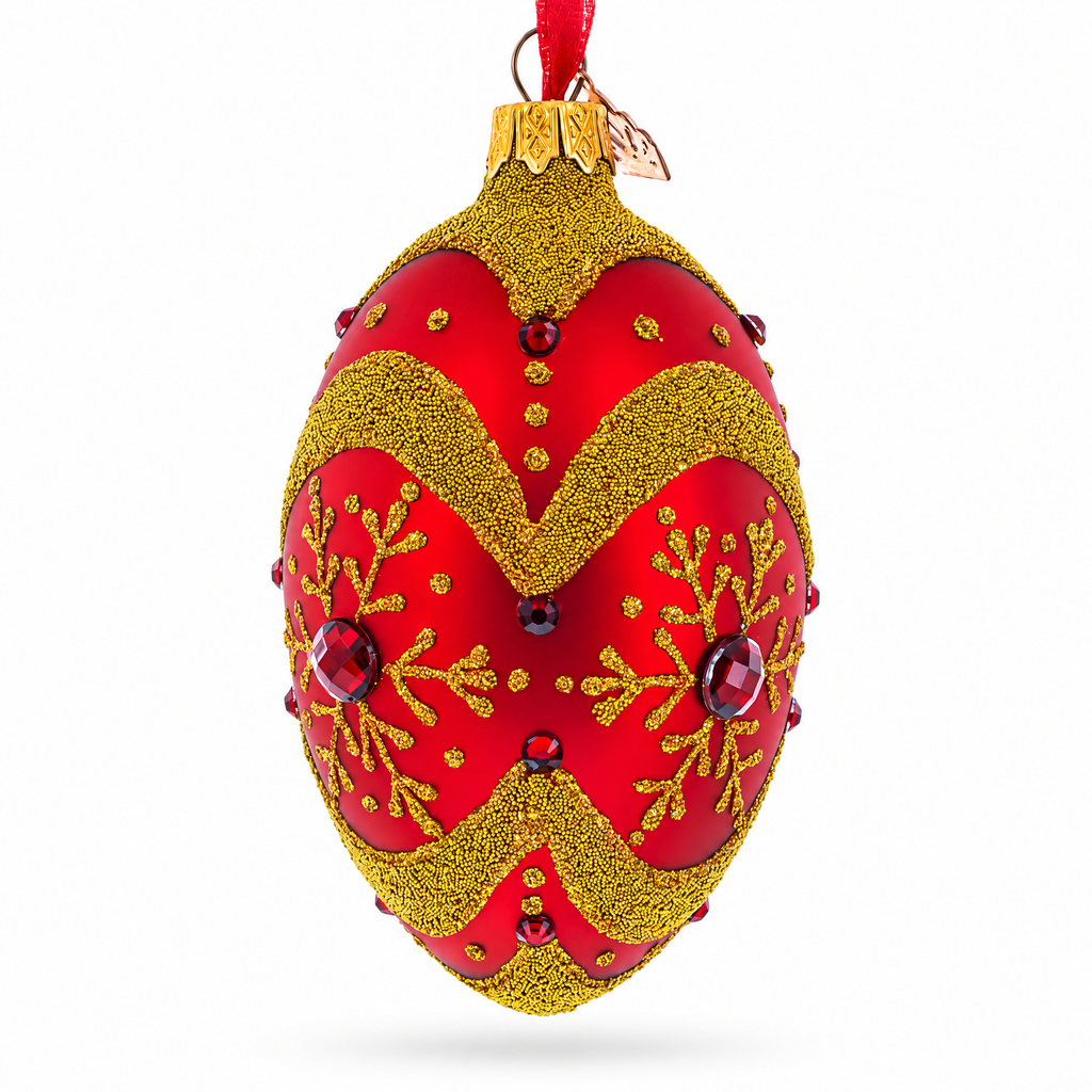 Golden Snowflake on Red Glass Egg Ornament 4 Inches