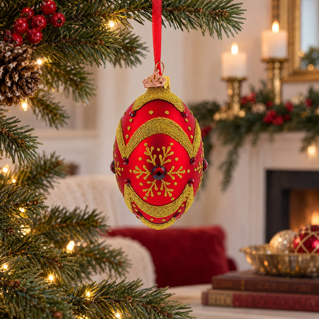 Golden Snowflake on Red Glass Egg Ornament 4 Inches