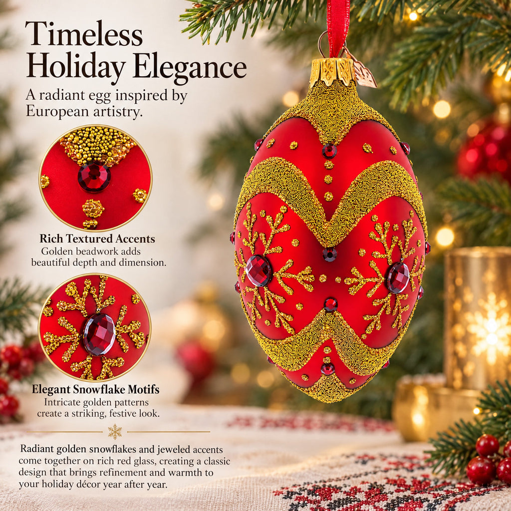 Golden Snowflake on Red Glass Egg Ornament 4 Inches