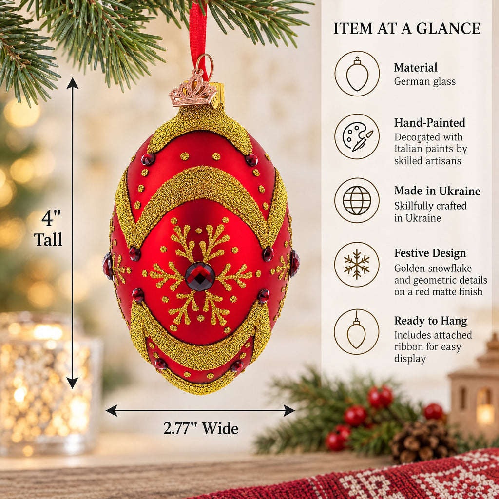 Golden Snowflake on Red Glass Egg Ornament 4 Inches