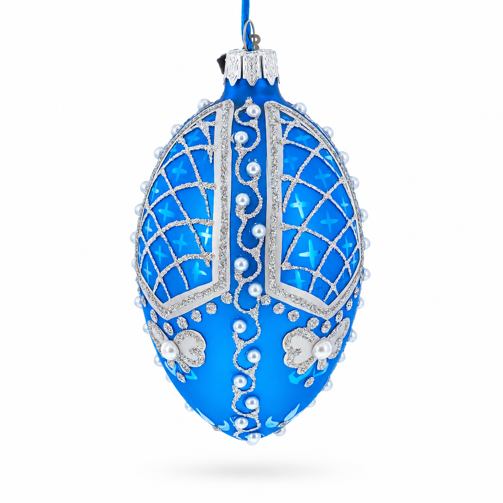 Pearls on Blue Glass Egg Ornament 4 Inches