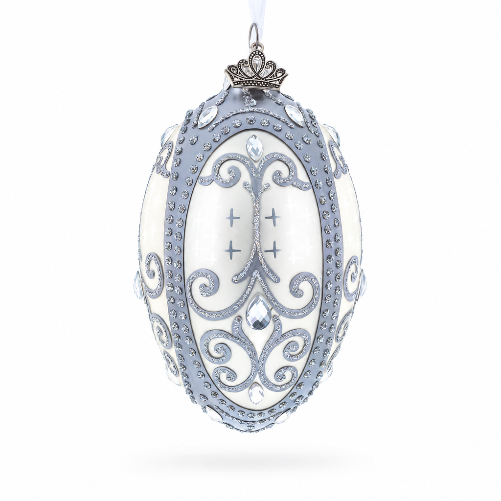 Silver Scrolls on White Glass Egg Ornament 4 Inches