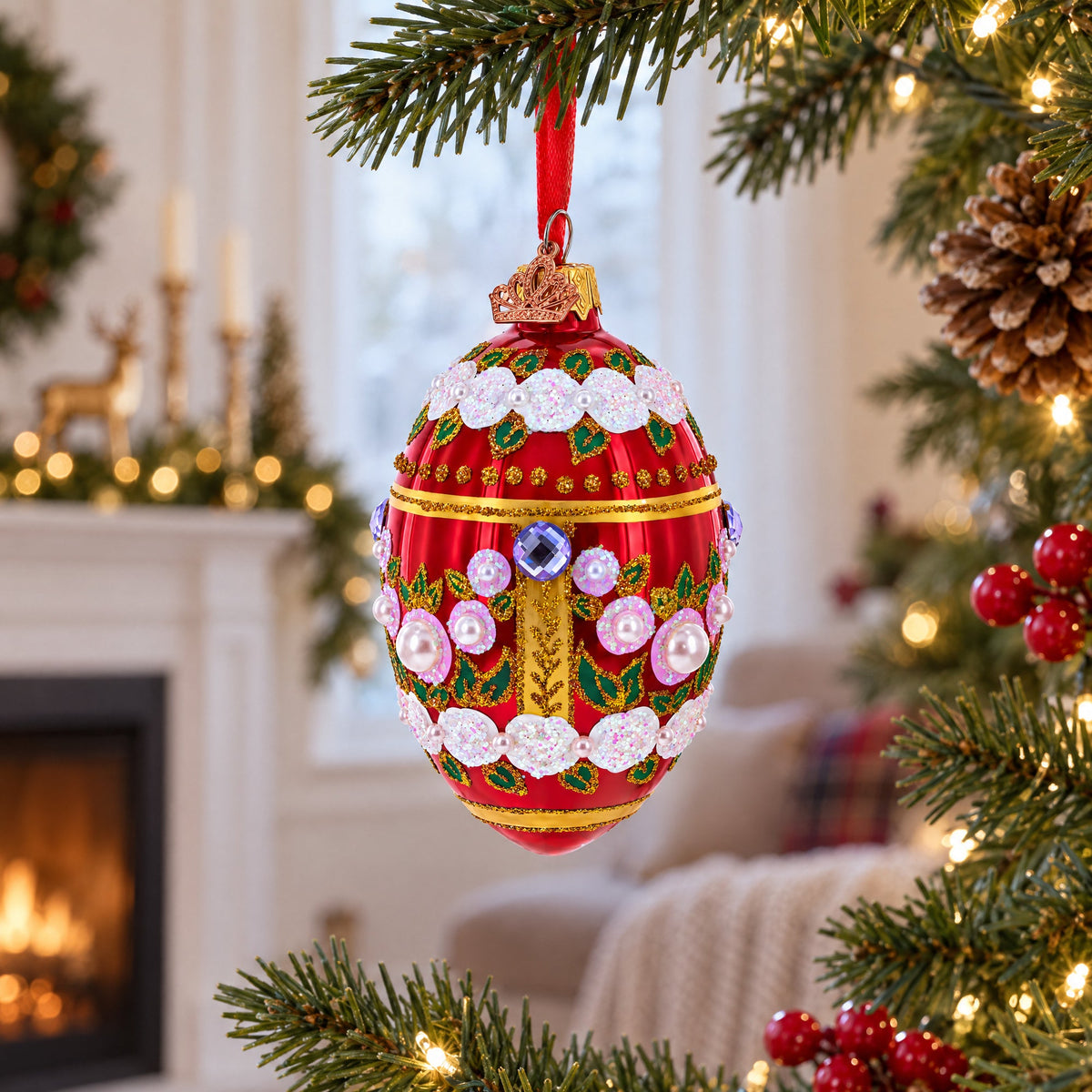 Pearl Flowers on Glossy Red Glass Egg Ornament 4 Inches