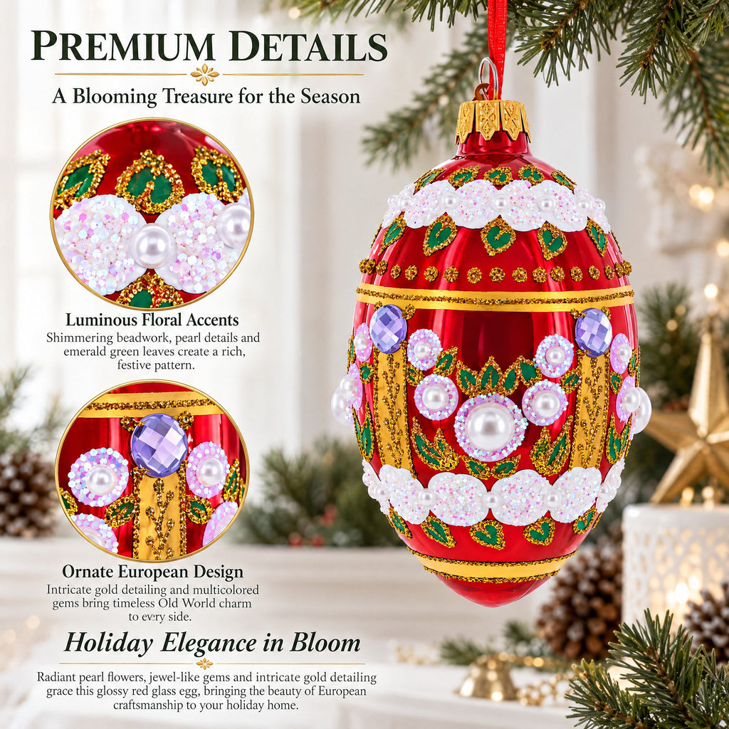 Pearl Flowers on Glossy Red Glass Egg Ornament 4 Inches
