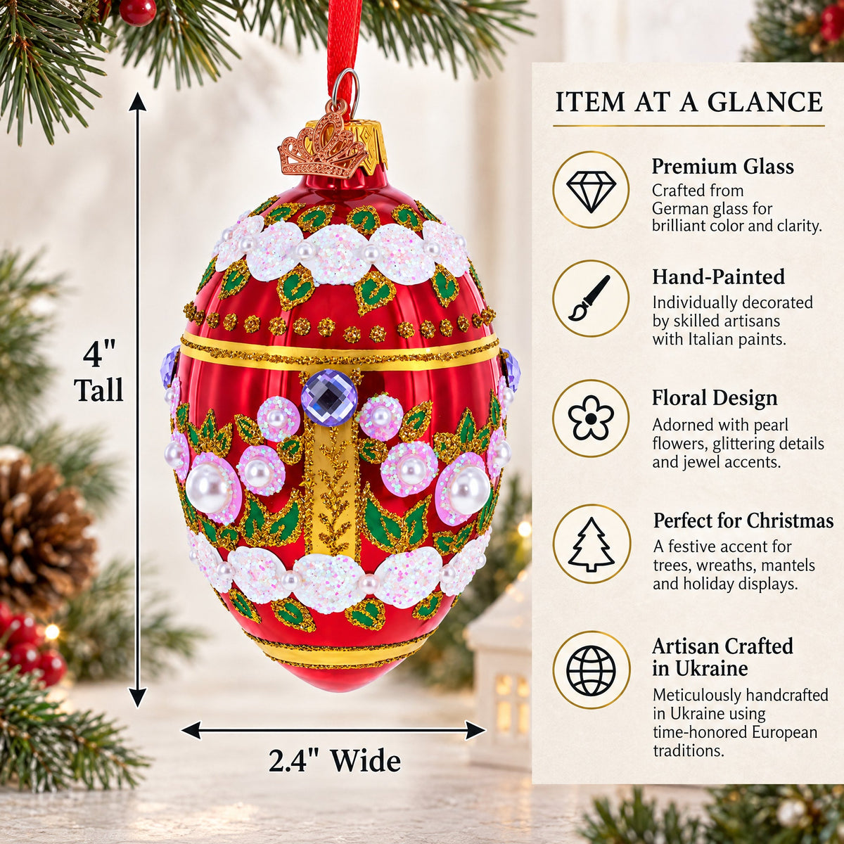 Pearl Flowers on Glossy Red Glass Egg Ornament 4 Inches