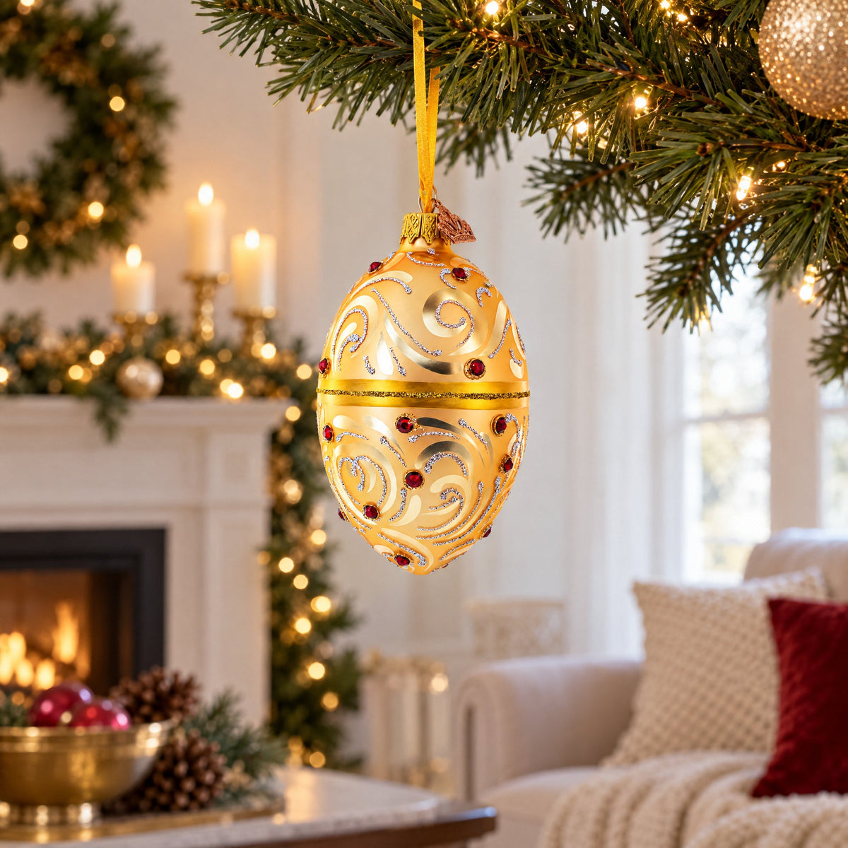 Red Jewels on Champagne Swirls Glass Egg Ornament 4 Inches