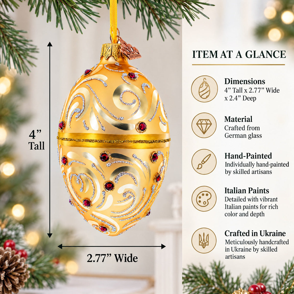 Red Jewels on Champagne Swirls Glass Egg Ornament 4 Inches