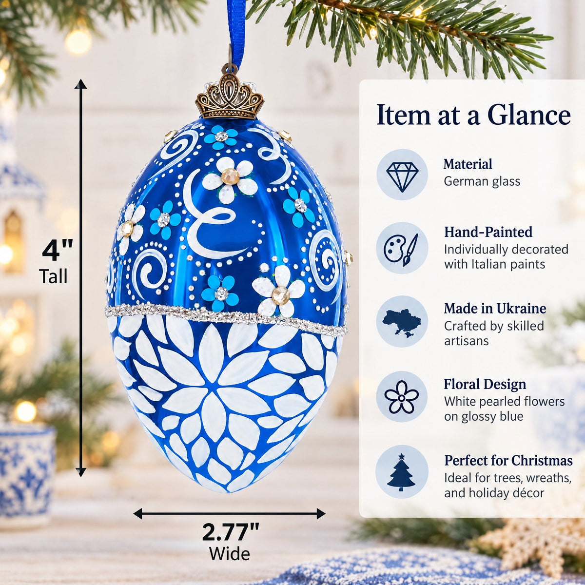 White Pearled Flowers on Glossy Blue Glass Egg Ornament 4 Inches