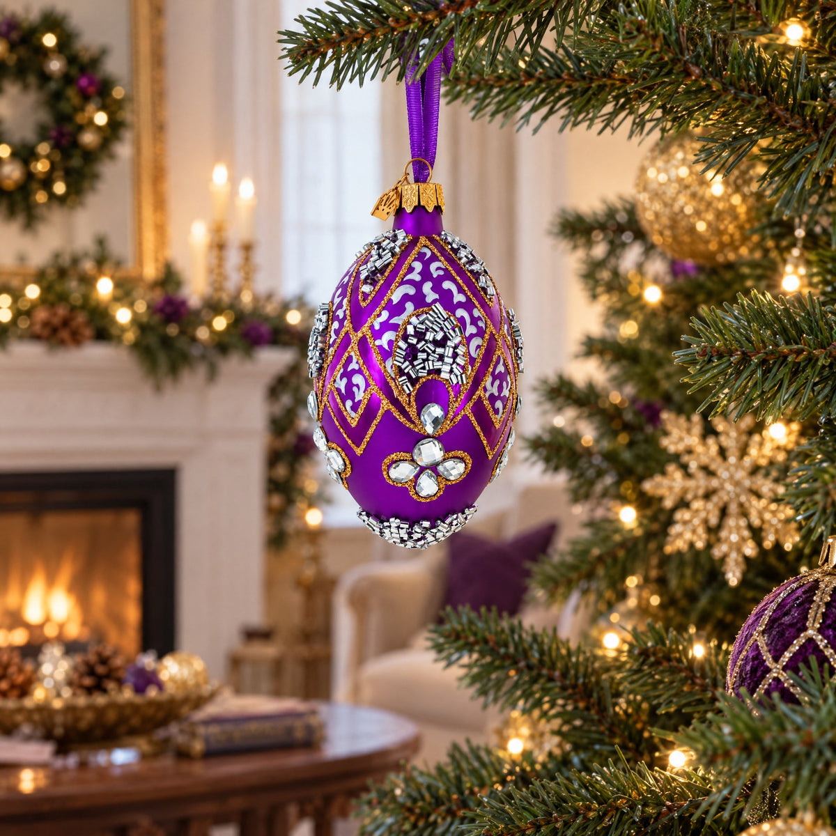 Diamonds on Pearl Glass Egg Ornament 4 Inches