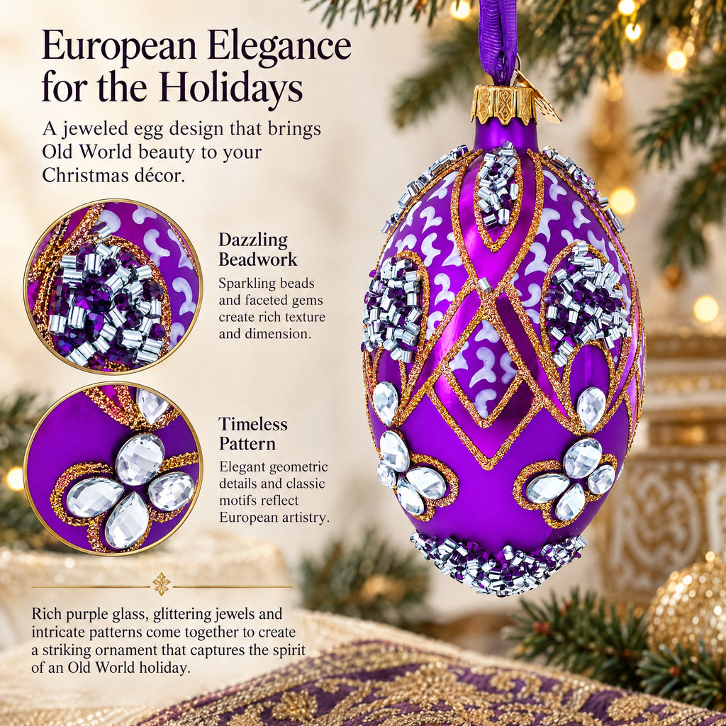 Diamonds on Pearl Glass Egg Ornament 4 Inches