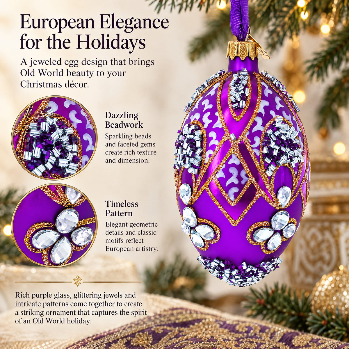 Diamonds on Pearl Glass Egg Ornament 4 Inches