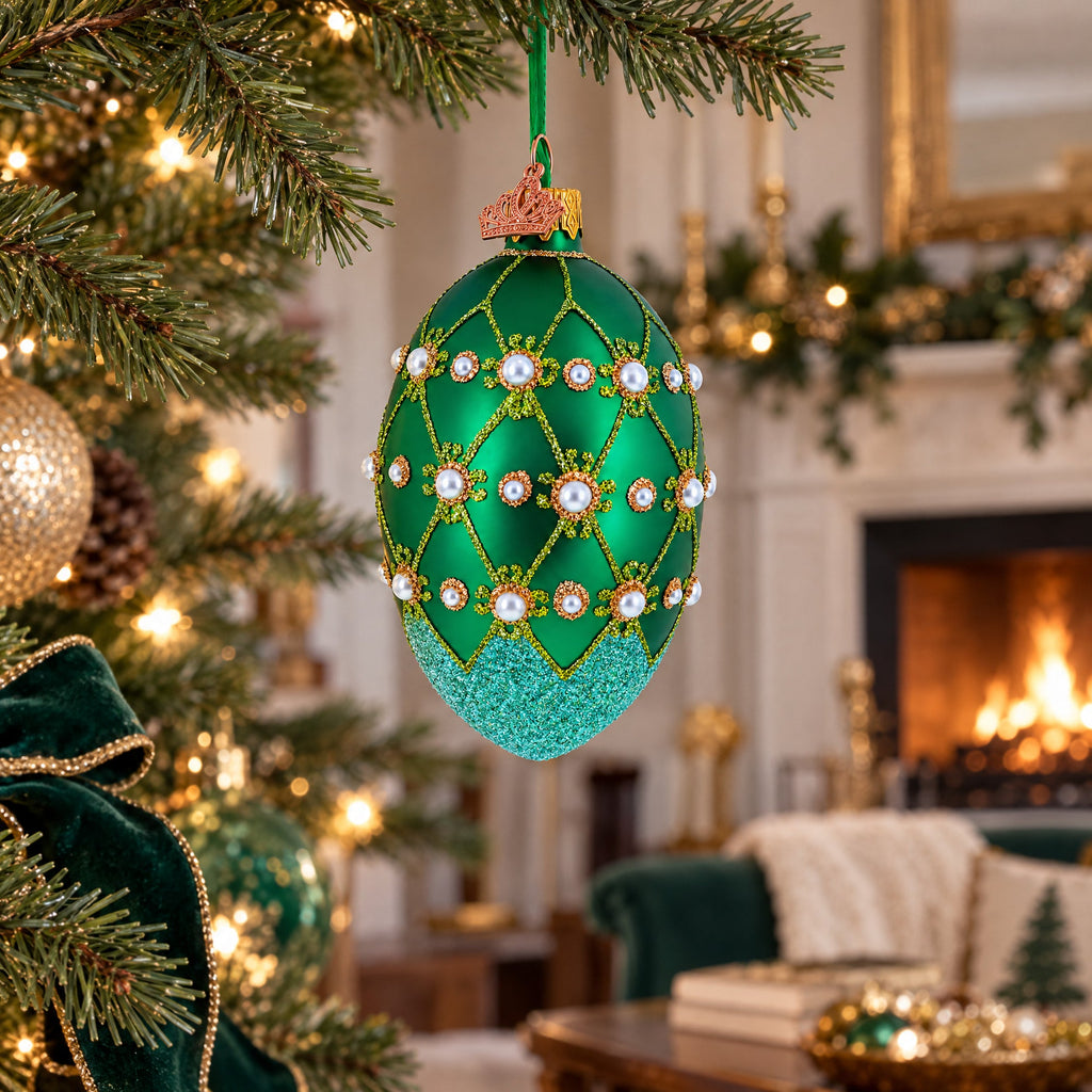Pearls on Green Trellis Glass Egg Ornament 4 Inches