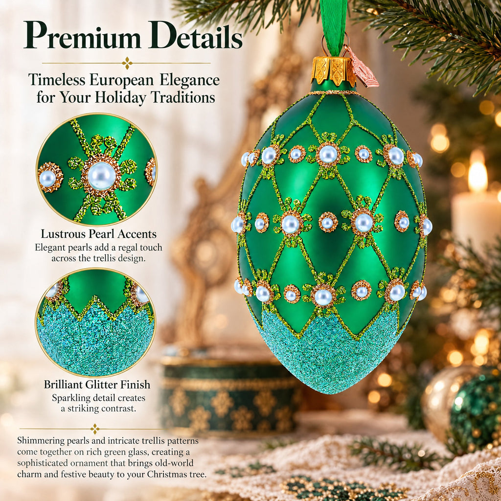 Pearls on Green Trellis Glass Egg Ornament 4 Inches