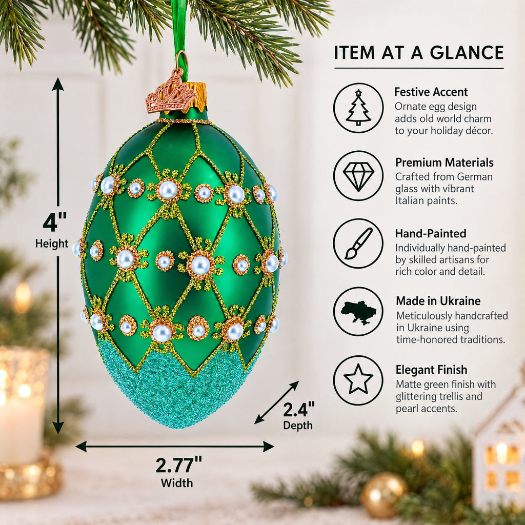 Pearls on Green Trellis Glass Egg Ornament 4 Inches