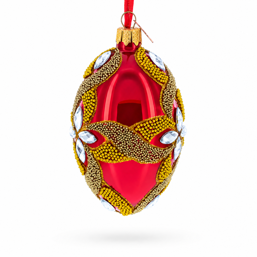 Diamond Star on Red Glass Egg Ornament 4 Inches