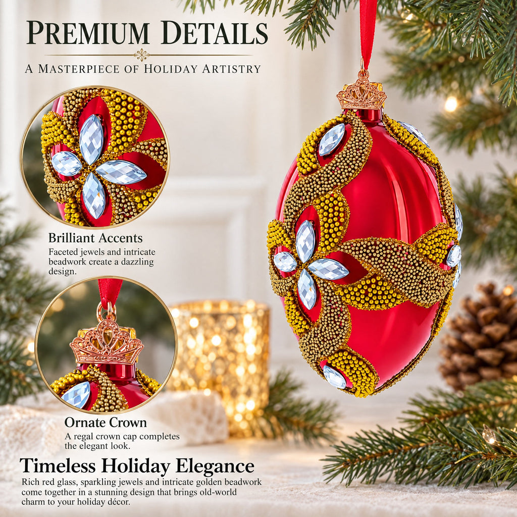 Diamond Star on Red Glass Egg Ornament 4 Inches