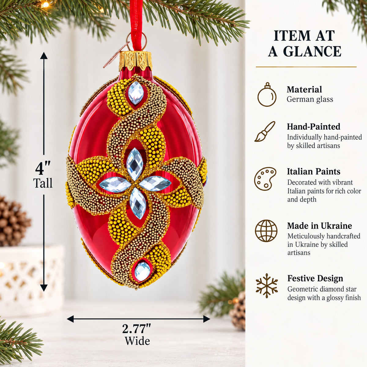 Diamond Star on Red Glass Egg Ornament 4 Inches