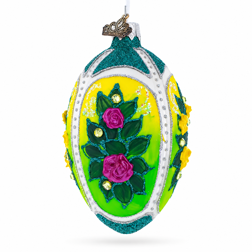 Flowers Bouquet on Green Glass Egg Ornament 4 Inches