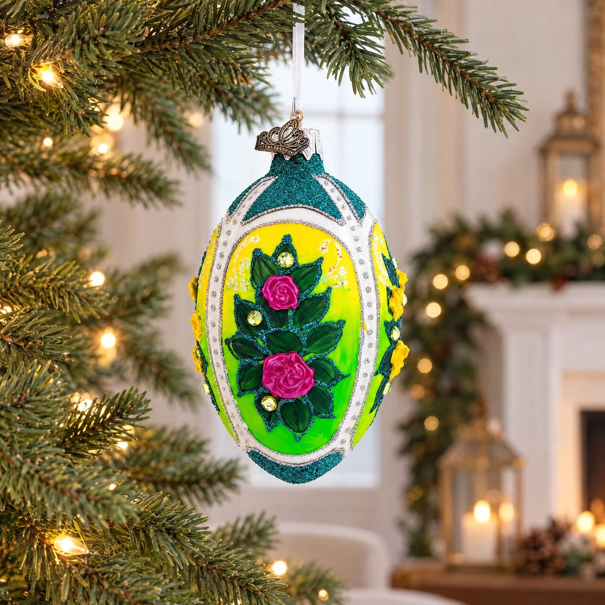 Flowers Bouquet on Green Glass Egg Ornament 4 Inches