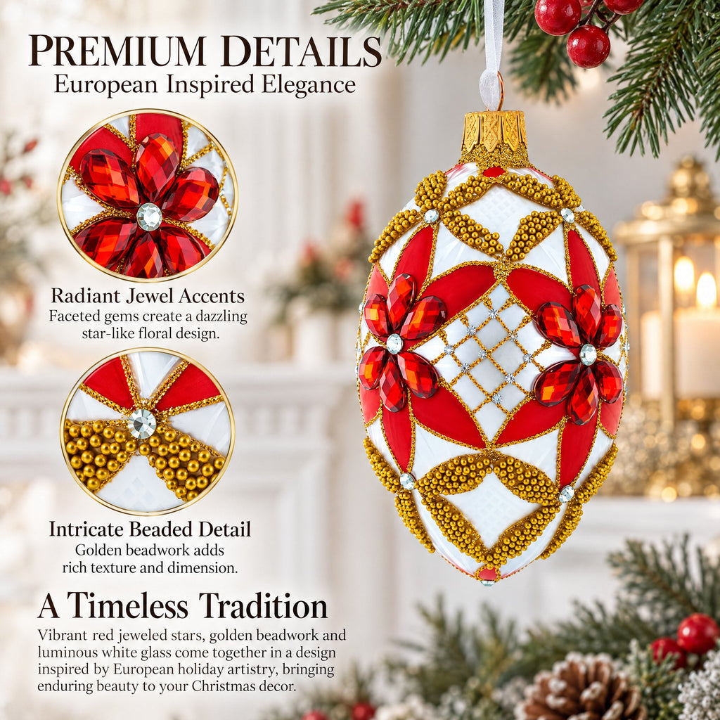 Red Jeweled Stars on White Glass Egg Ornament 4 Inches